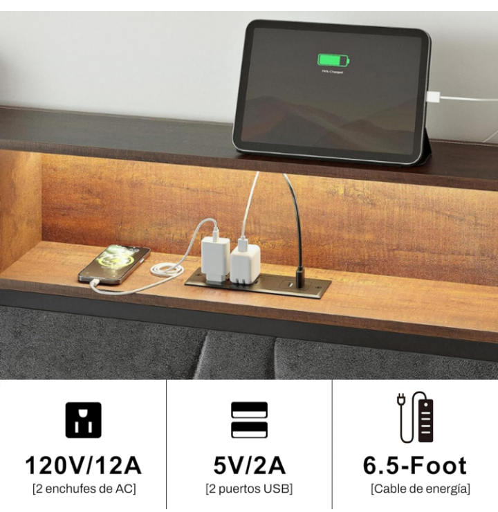 Base con cabecera cama matrimonial de elevación almacenaje luces LED 