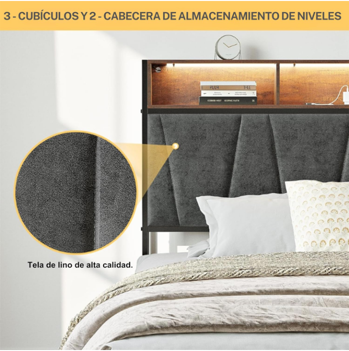 Base con cabecera cama matrimonial de elevación almacenaje luces LED 