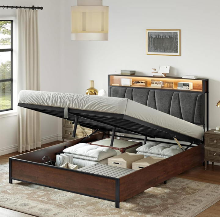 Base cama matrimonial de elevación con cabecera  y luz LED 