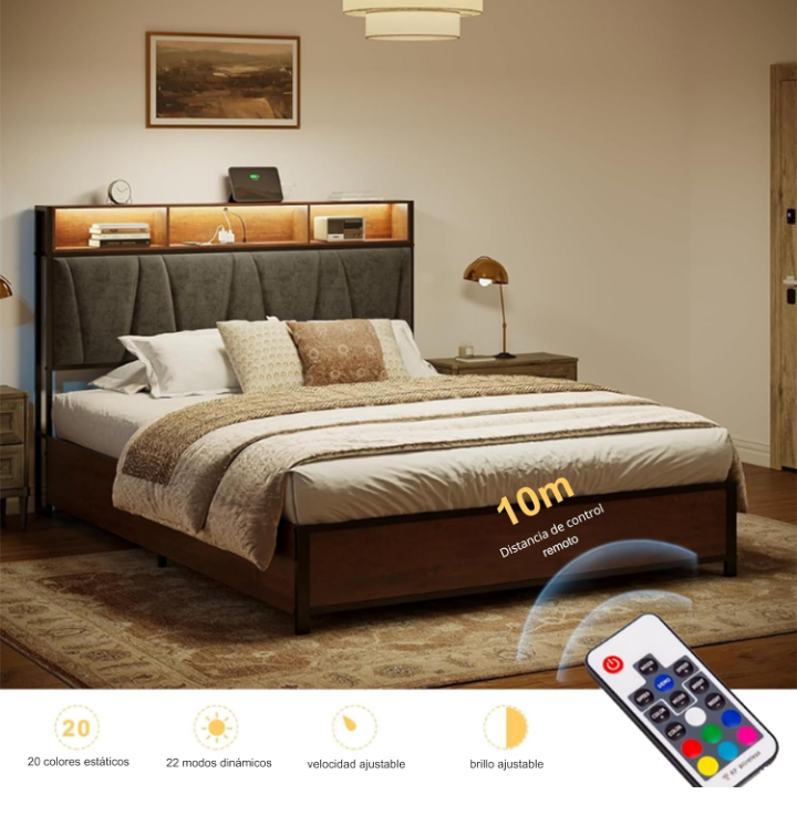 Base cama matrimonial de elevación con cabecera  y luz LED 