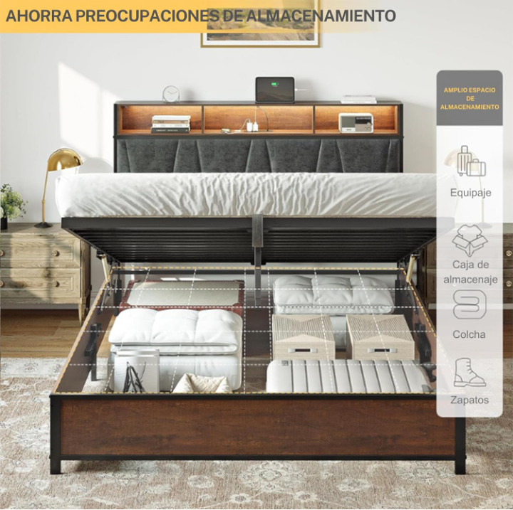 Base con cabecera cama matrimonial de elevación almacenaje luces LED 