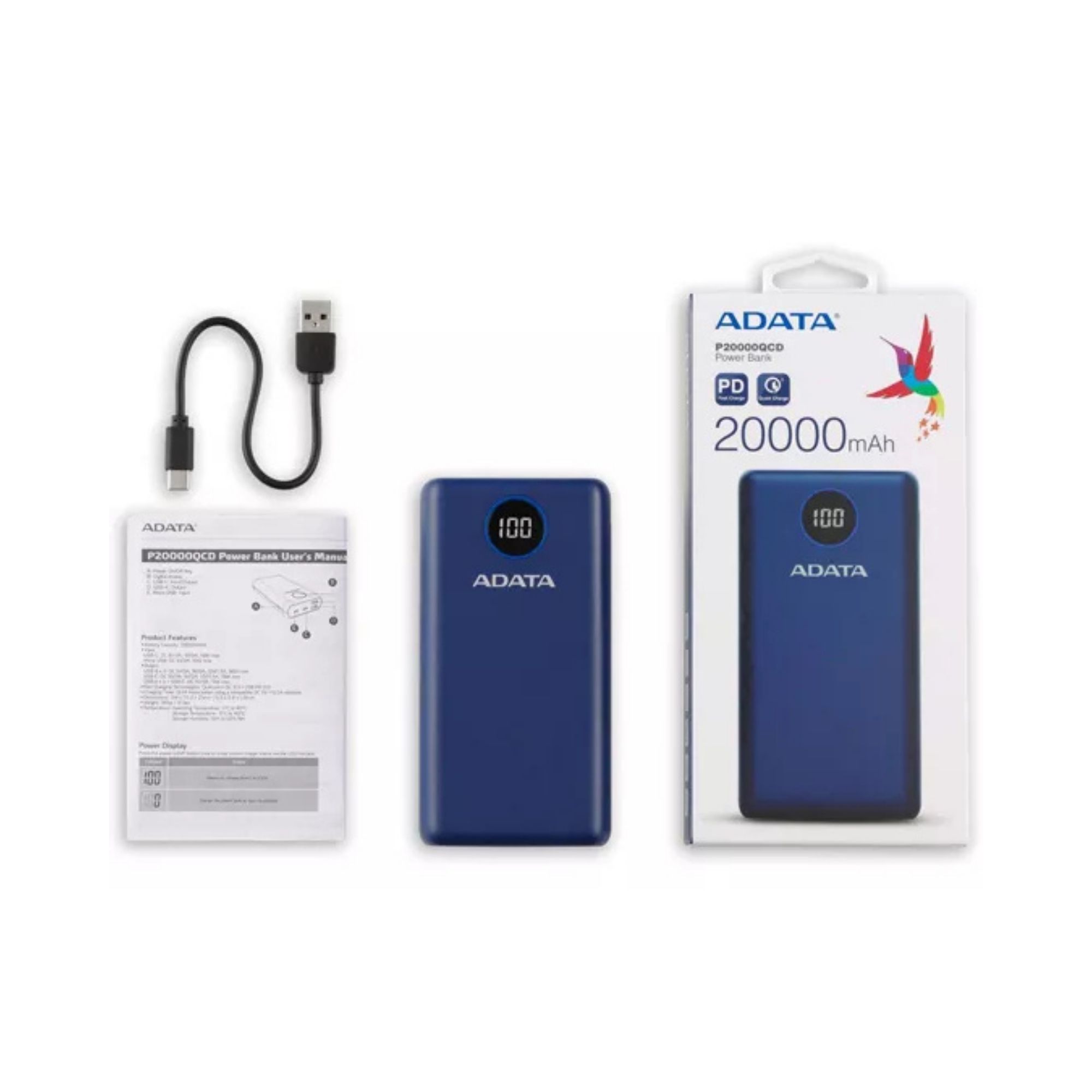 Batería Portátil Adata P20000QCD de 20,000 mAh, USB-A, USB-C, Azul
