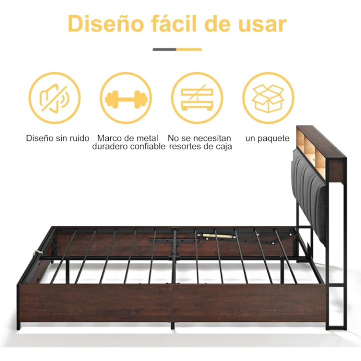 Base con cabecera cama matrimonial de elevación almacenaje luces LED 
