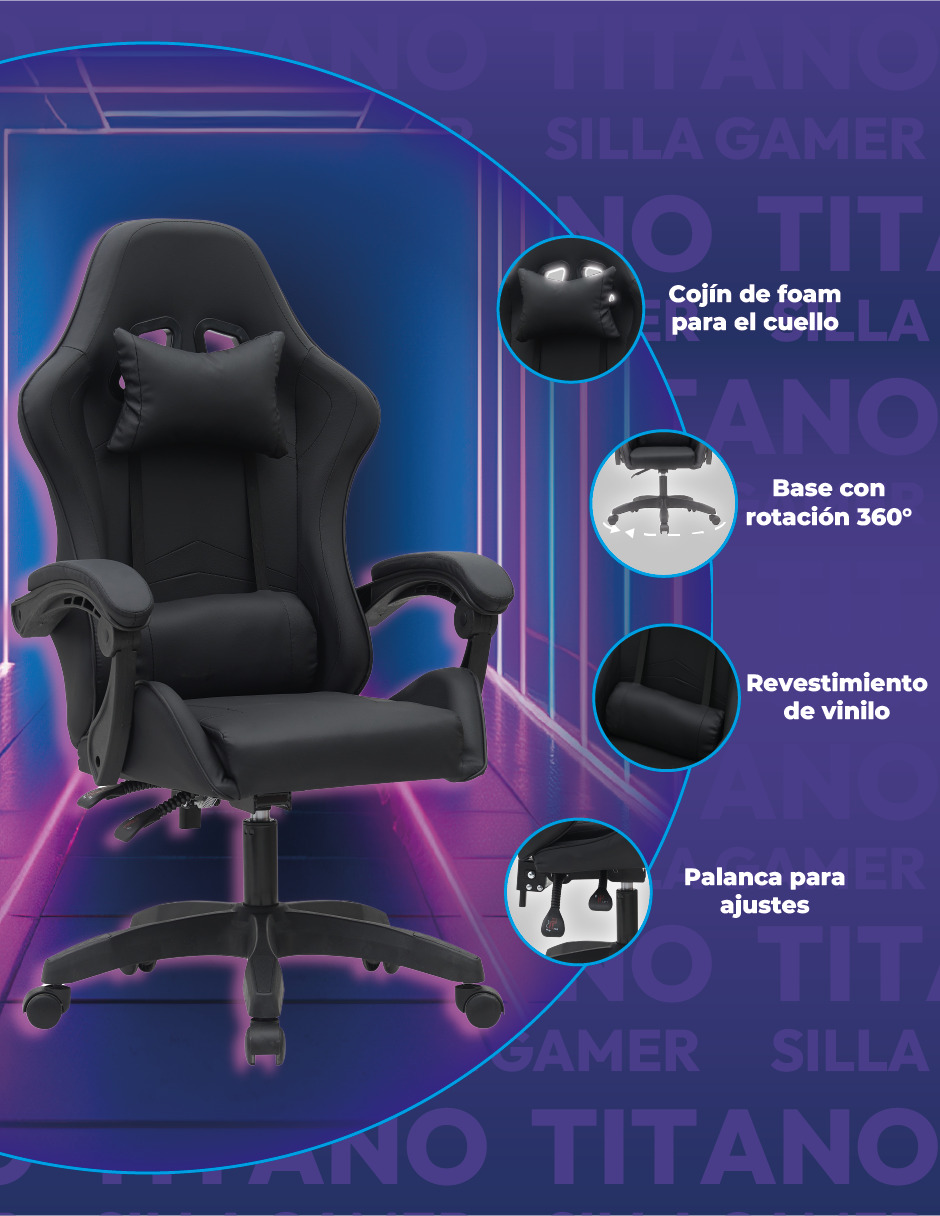 Silla Gamer Titano Raven Sin Reposapíes Color Negro