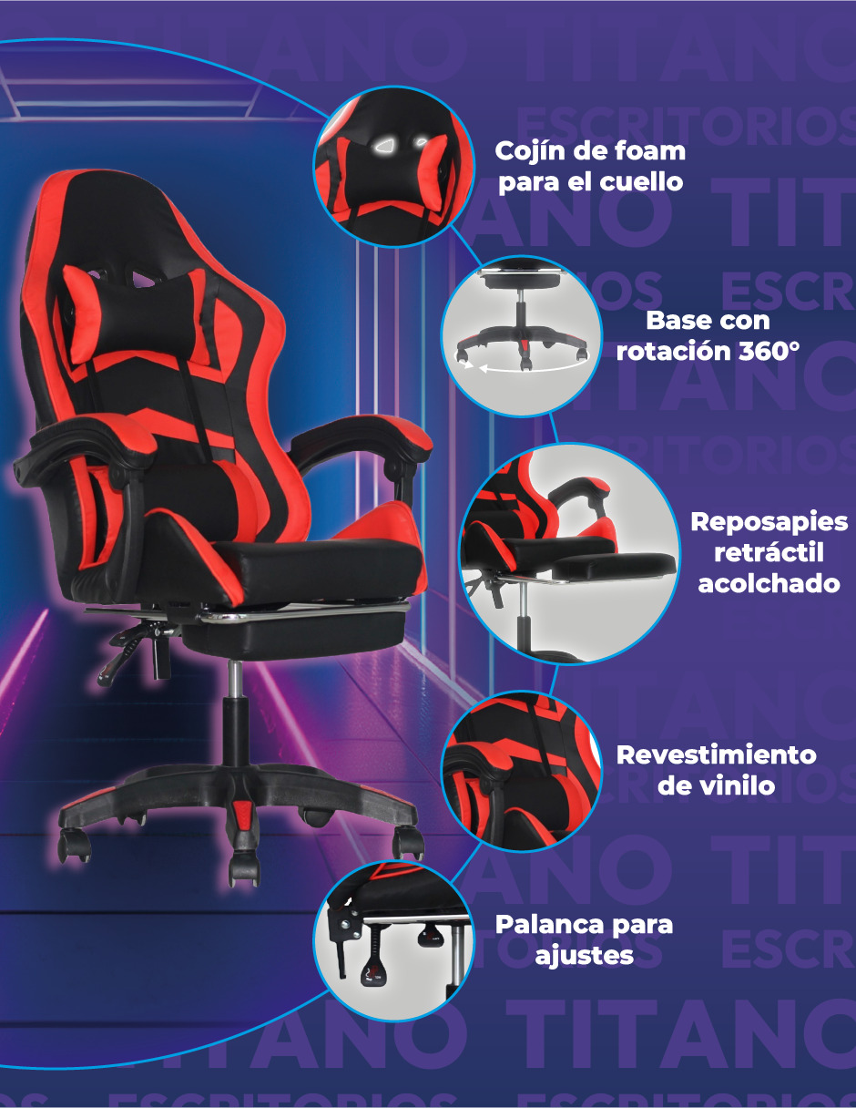 Silla Gamer Titano Raven Con Reposapiés Color Rojo 