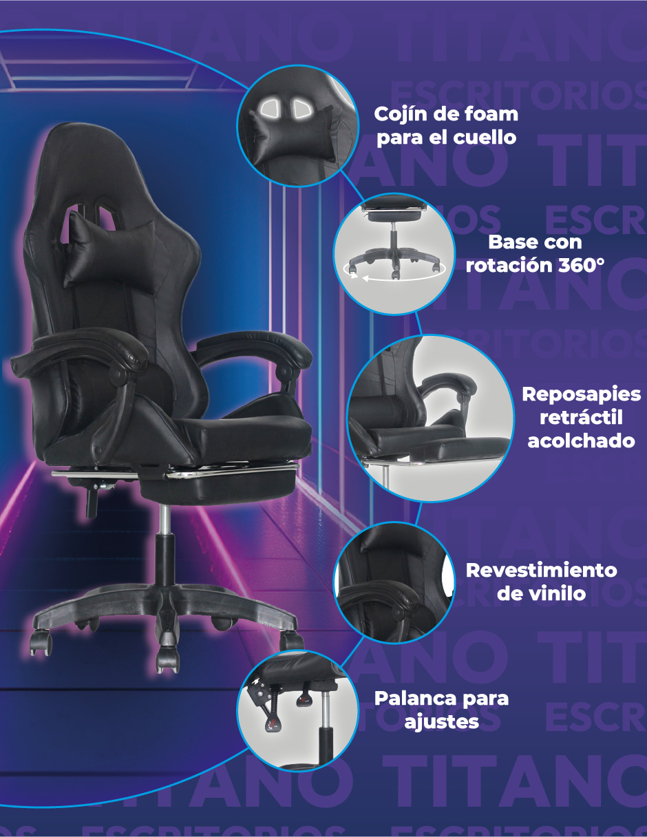 Silla Gamer Titano Raven Con Reposapíes Color Negro