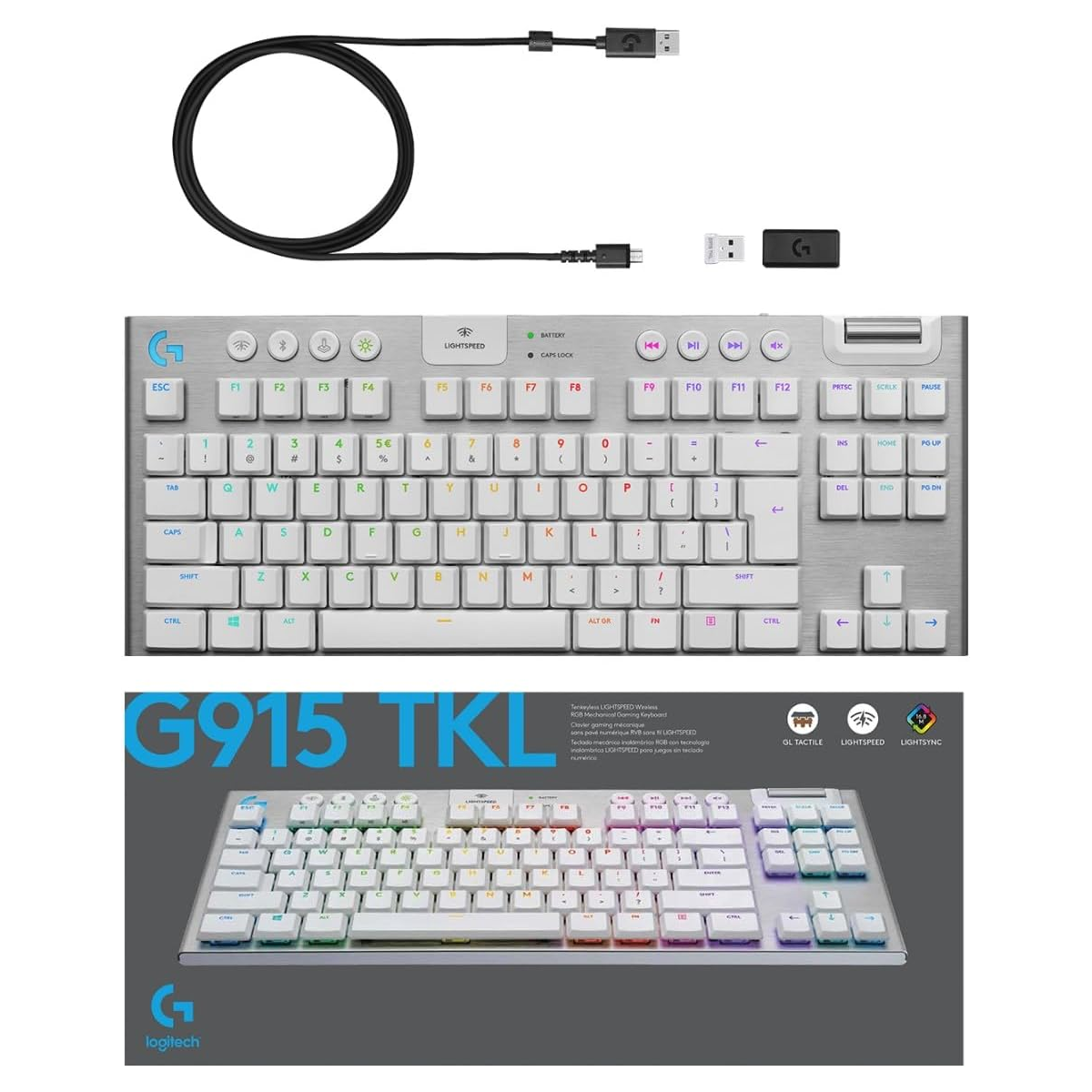 Logitech G915 TKL Teclado para Gaming sin teclado númerico, RGB LIGHTSYNC, compatibilidad Bluetooth, Tactile GL Switch - Blanco - (Teclado en Ingles)