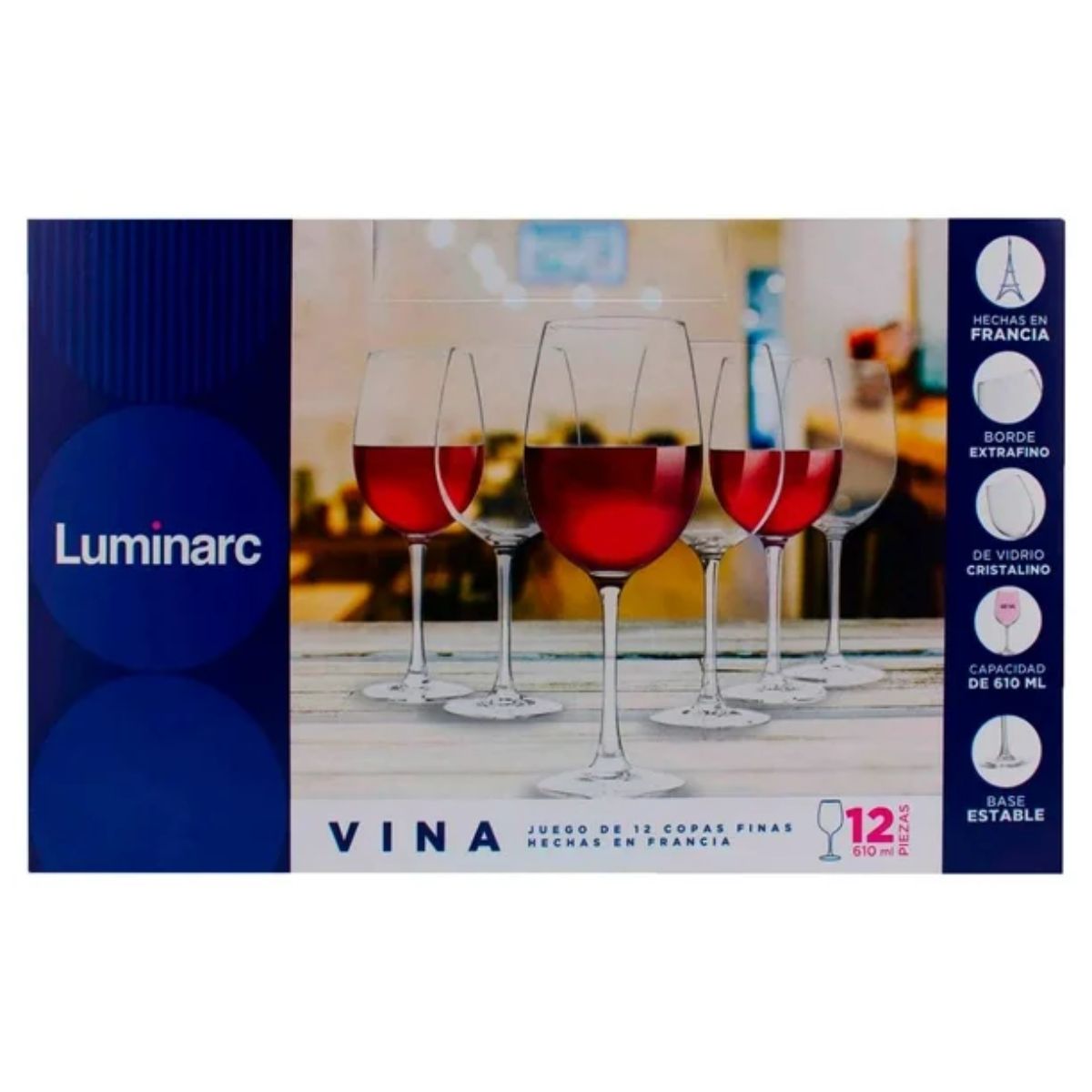 Juego de Copas Luminarc Vina de 12 Piezas Borde Extra Fino Vidrio Cristalino