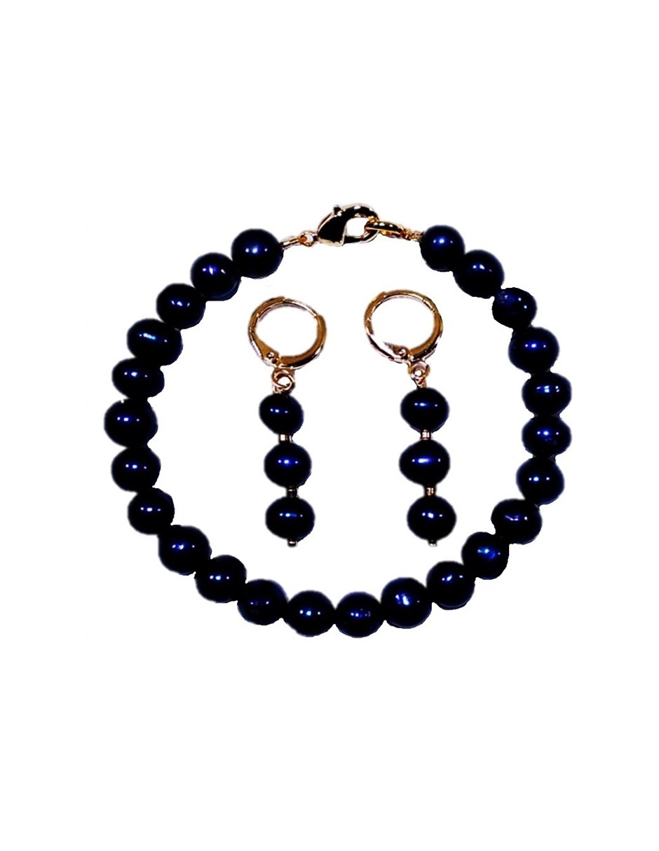 Pulsera y Aretes Con Perlas Negras Cultivadas A073