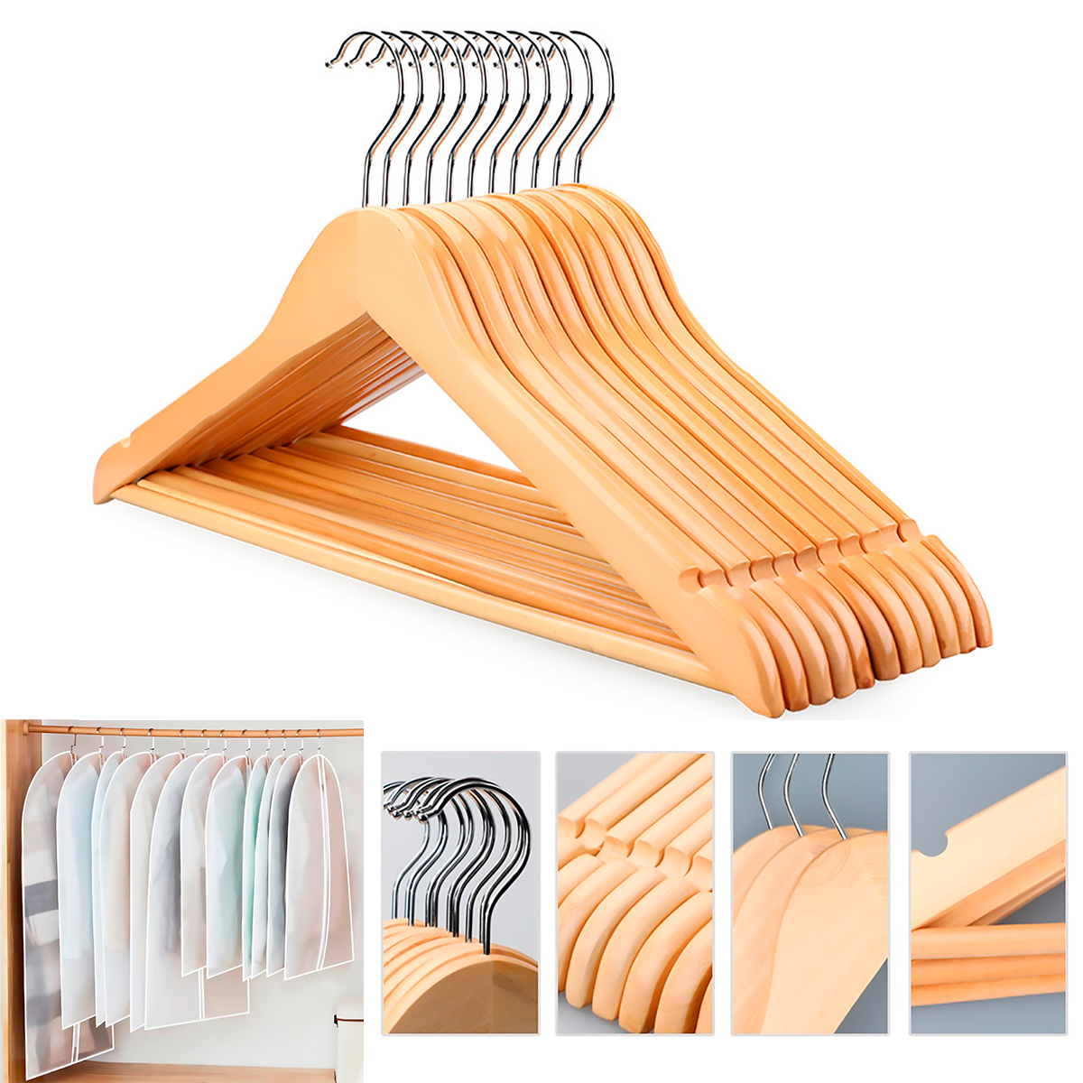 Set Brandtrendy 25 ganchos de madera y 7 cubre polvos para organizar la ropa