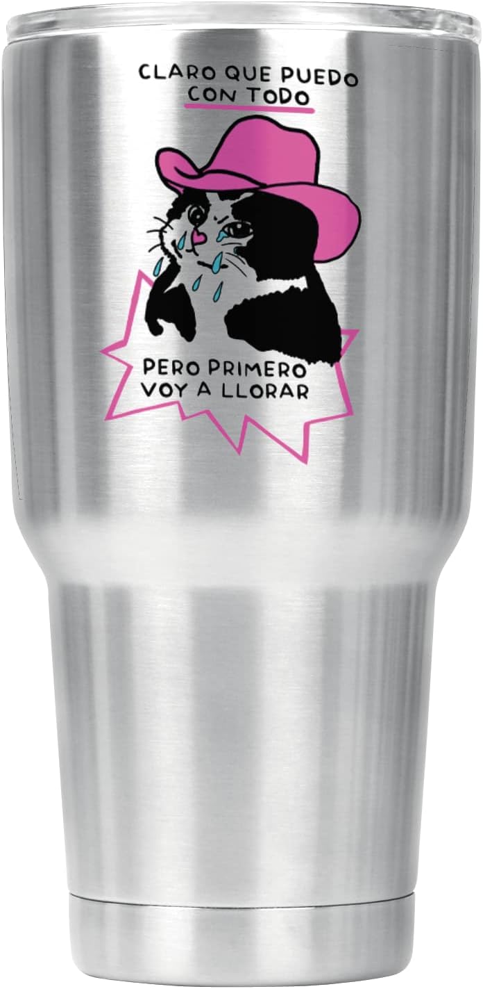  Termo Gato llorando claro que puedo con todo | Capacidad 500 Ml | Frase Meme divertida