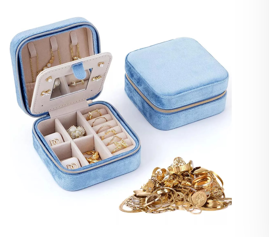 Alhajero Mini Caja Joyero Con Espejo Portátil Viaje Azul