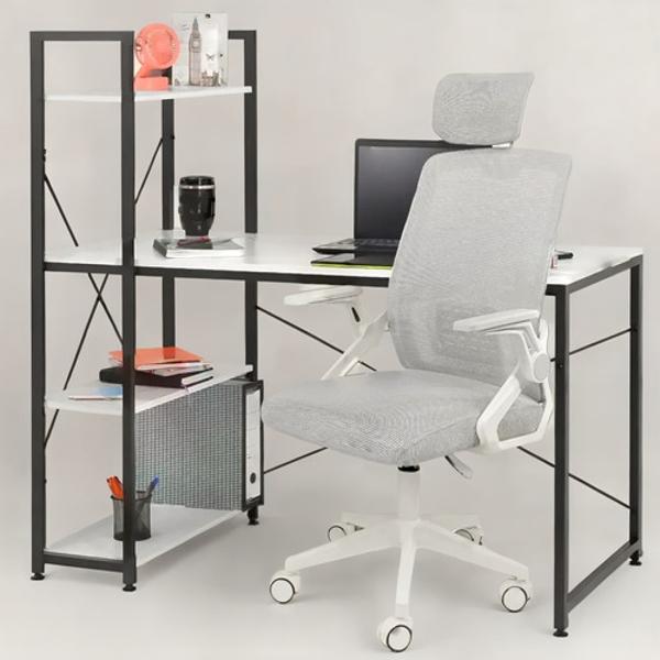 Set Escritorio Blanco Repisas + Silla Ergonómica Ejecutiva