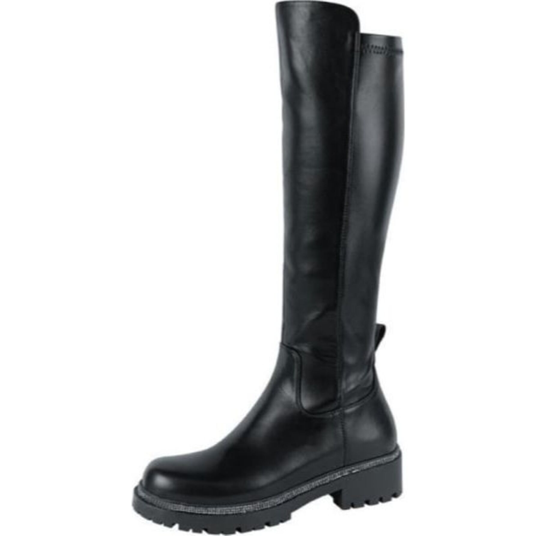 Bota para mujer, larga, con cerco con pedrería, acabado napa, tacón bajo, color negro, marca Belinda Peregrin 1103647