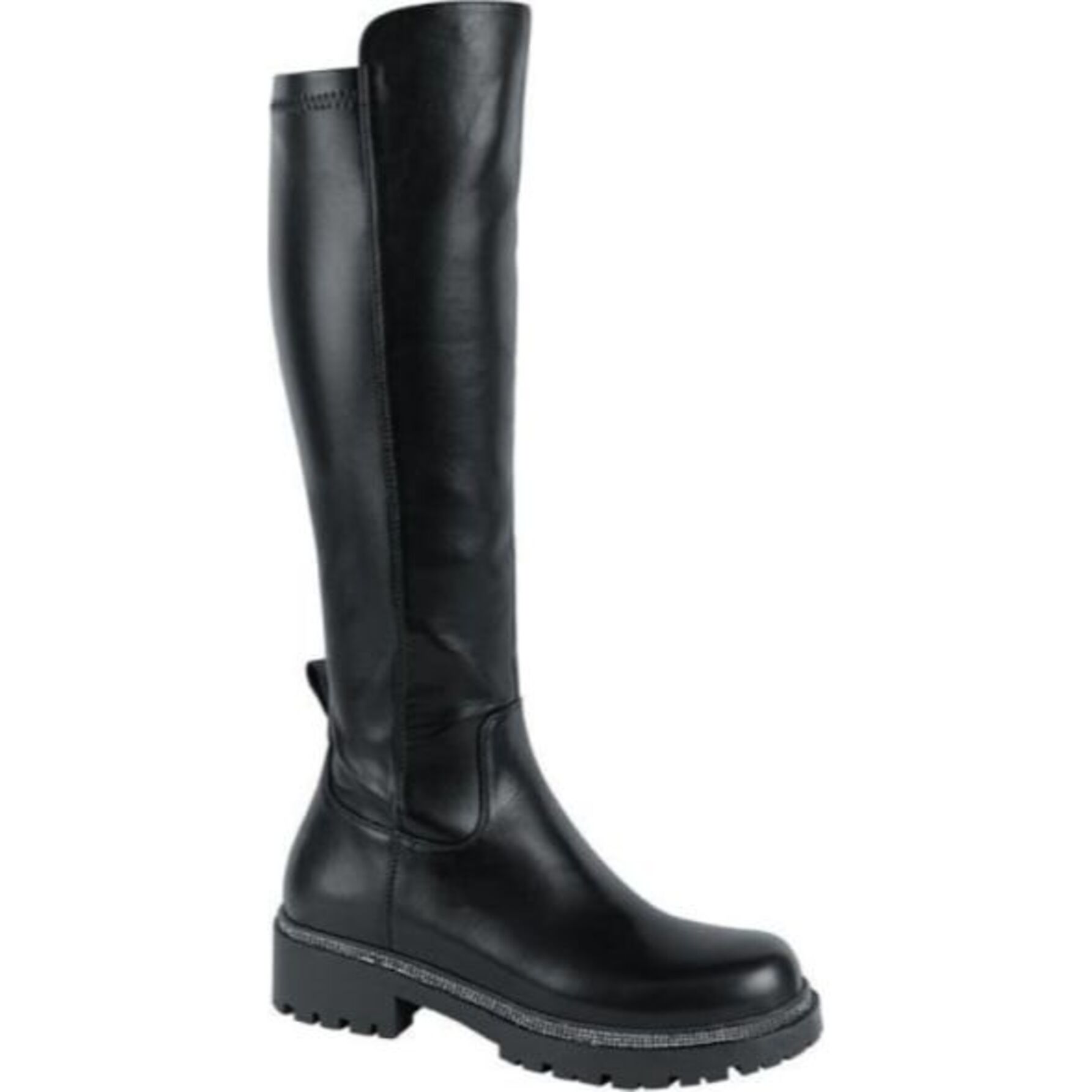 Bota para mujer, larga, con cerco con pedrería, acabado napa, tacón bajo, color negro, marca Belinda Peregrin 1103647