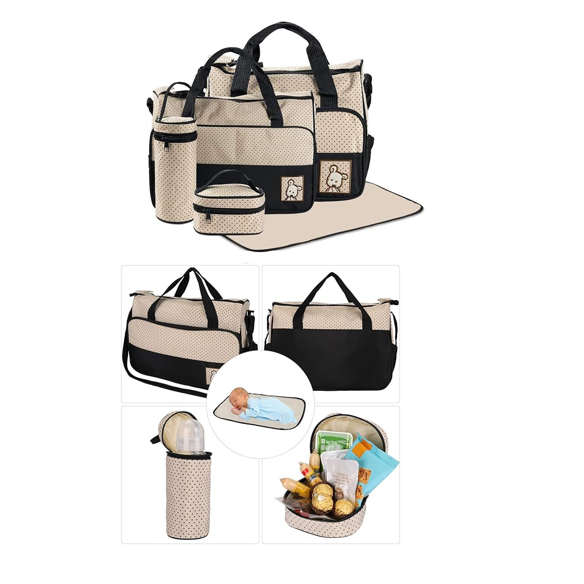 Set 5 Bolsas Pañaleras Cambiador Bebe Botella Viaje Multiuso Color Negro Lisa