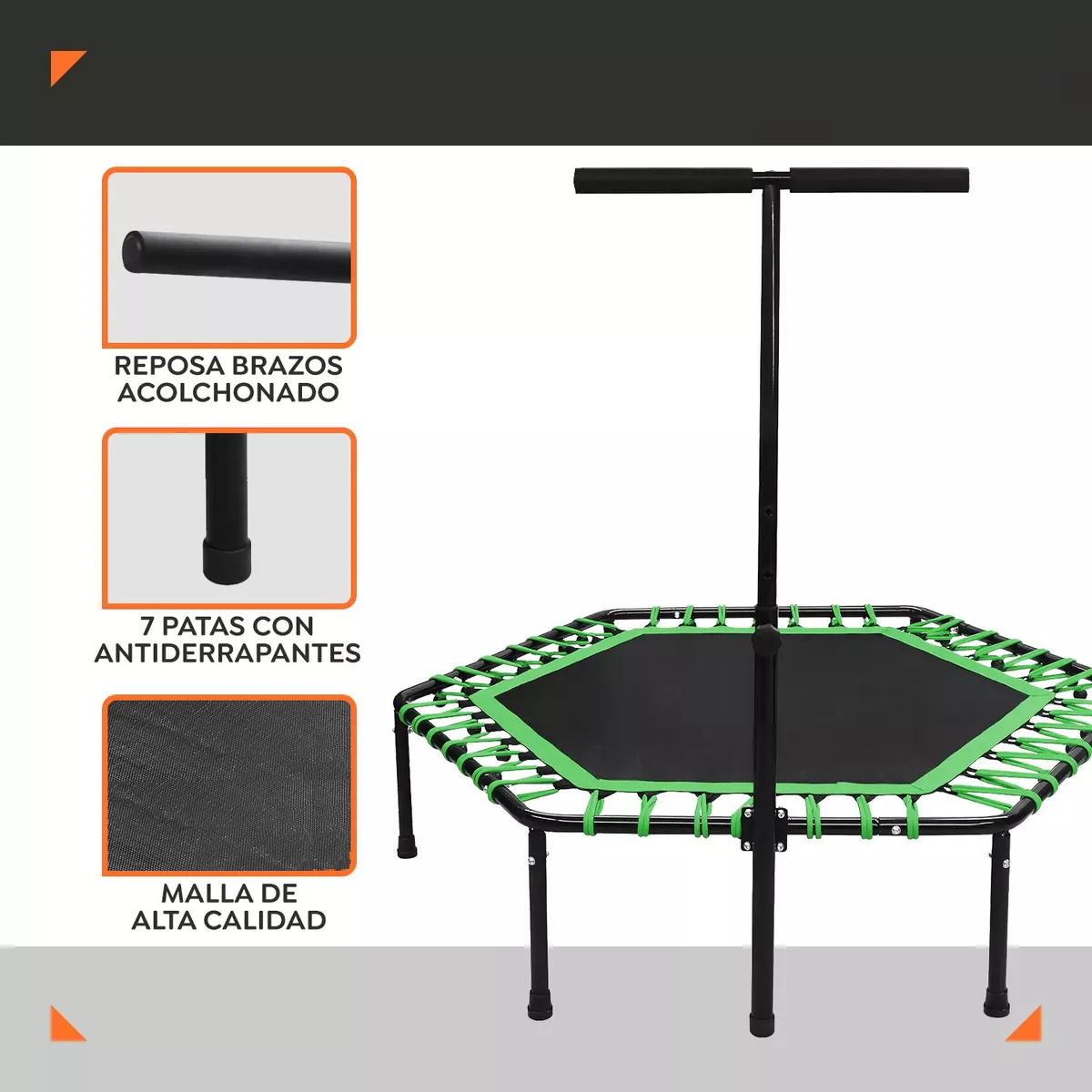 Trampolin Brincolin Hexagonal Barra Agarradera Fitness Blick Verde