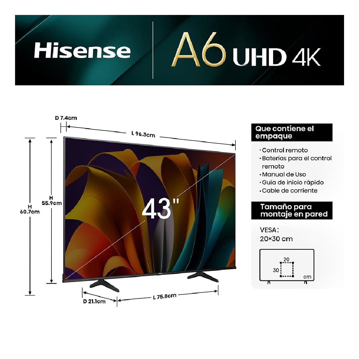 SmartTV Pantalla 43" HISENSE 4K AI Upscaler Vidaa TV 43A6NV