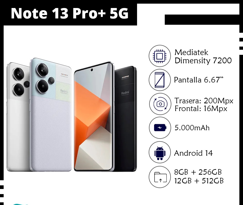 Xiaomi Redmi Note 13 Pro Plus 5G  (512GB + 12GB) NEGRO 6.67" 200MP Dual SIM Triple Camara.