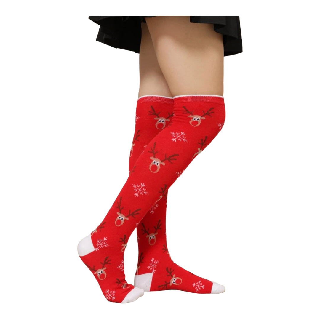 Calcetas Largas A La Rodilla Diseño Navidad Rodolfo el reno  Copo Nieve