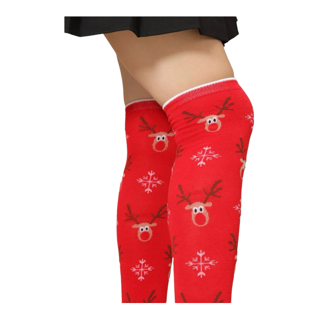Calcetas Largas A La Rodilla Diseño Navidad Rodolfo el reno  Copo Nieve