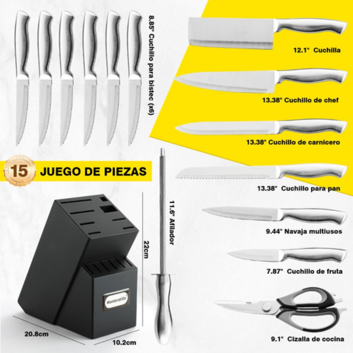 Juego De Cuchillos De Cocina De 18 Piezas Con Base De Madera plata negro