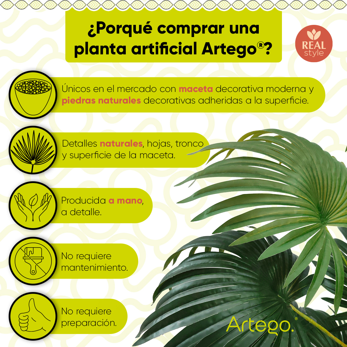 Planta artificial moderna con maceta decorativa Real Style Palma livistona grande de 180cm de alto Artego para hogar sala comercio oficina