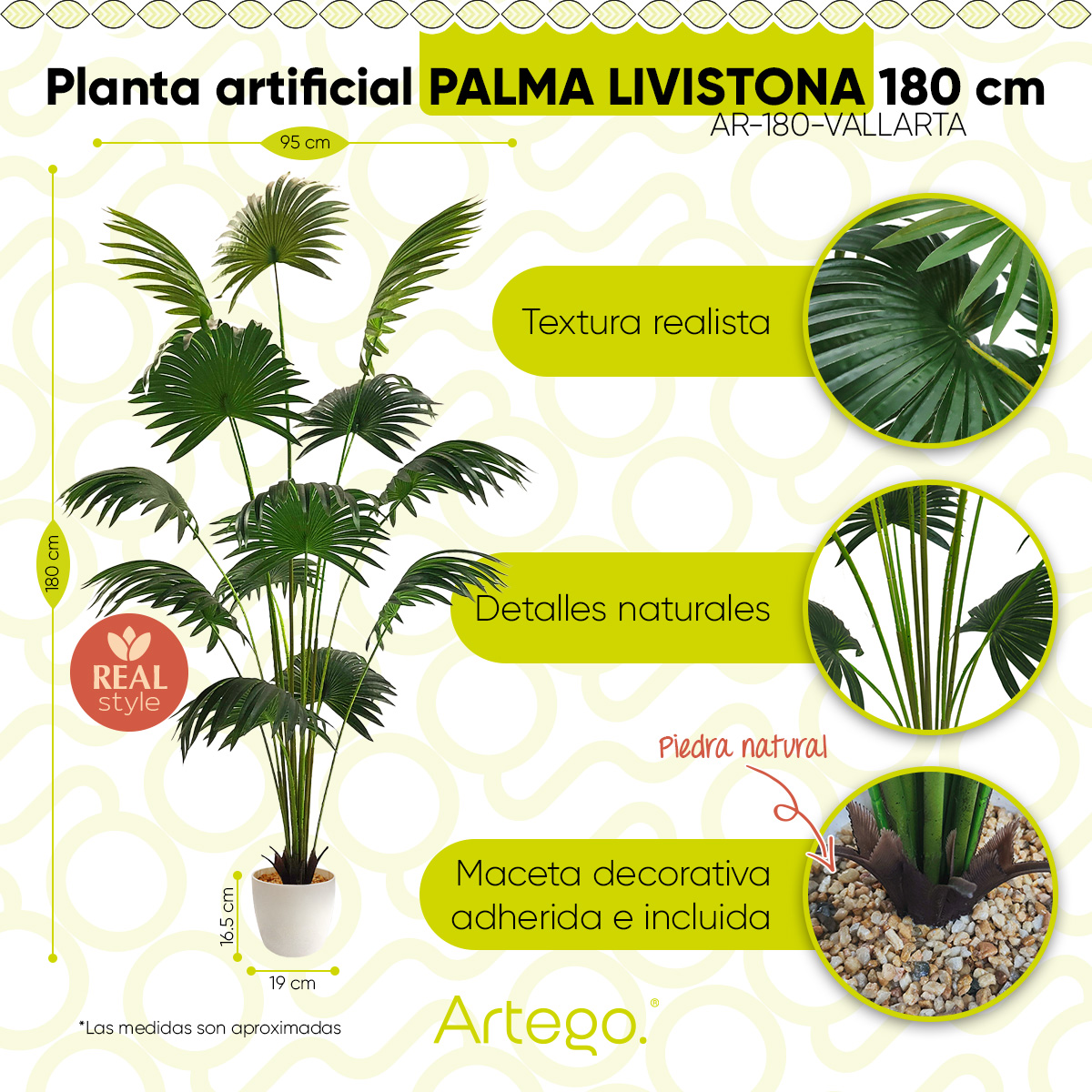 Planta artificial moderna con maceta decorativa Real Style Palma livistona grande de 180cm de alto Artego para hogar sala comercio oficina