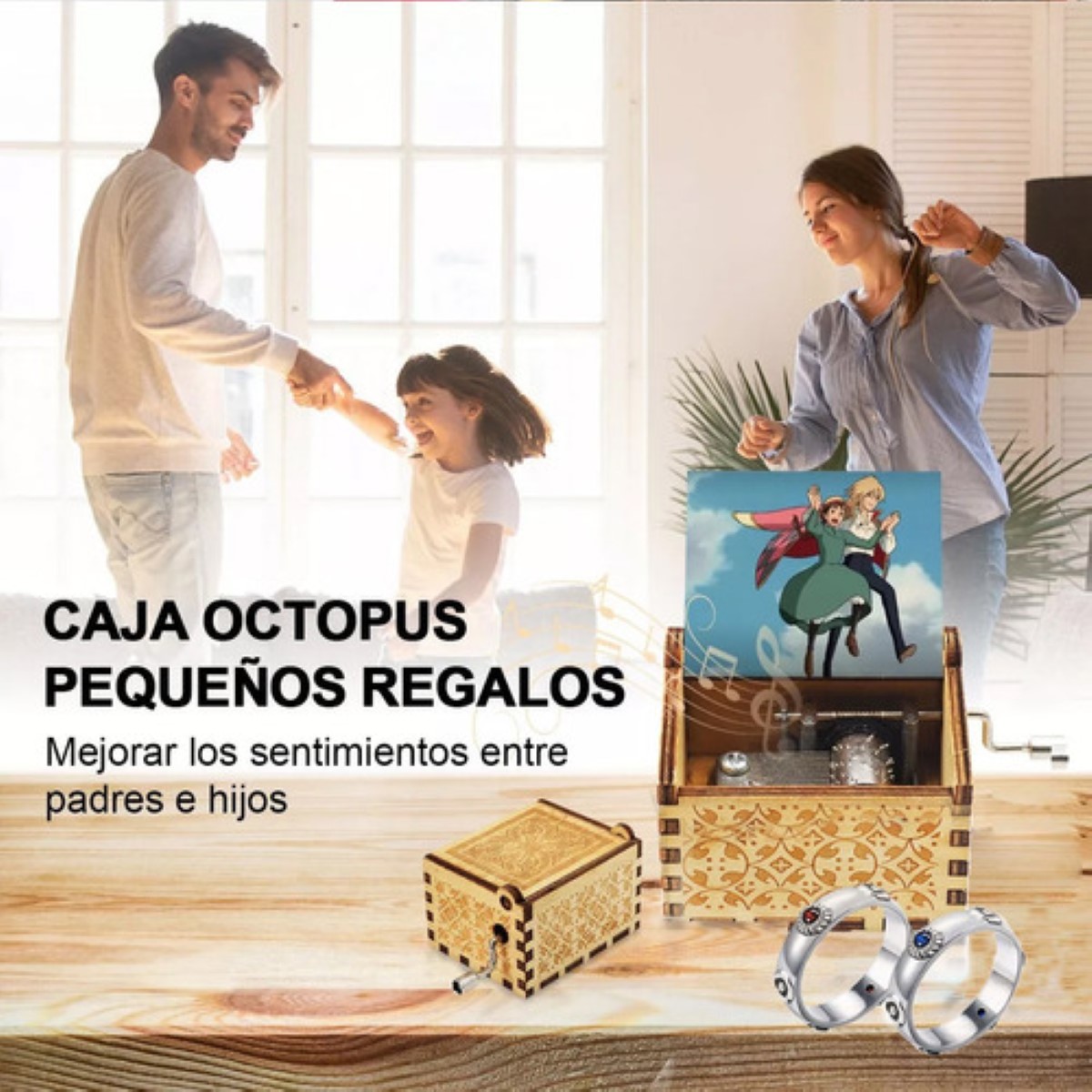 3pz Caja Musical Sophie Y Howl Castillo Ambulante + Anillo cafe claro plata