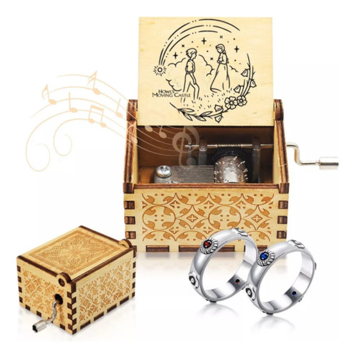 3pz Caja Musical Sophie Y Howl Castillo Ambulante + Anillo cafe claro plata