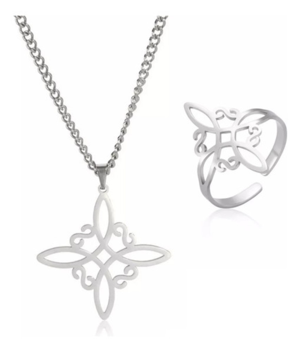 Collar + Anillo Nudo Bruja Mujer Acero Inoxidable Ajustable plata