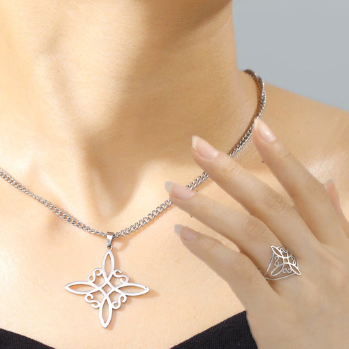 Collar + Anillo Nudo Bruja Mujer Acero Inoxidable Ajustable plata