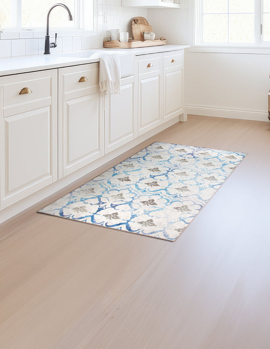 Tapete Alfombra Decorativo Lavable Leilani Damasco Beige Azul - Fine Art Tj