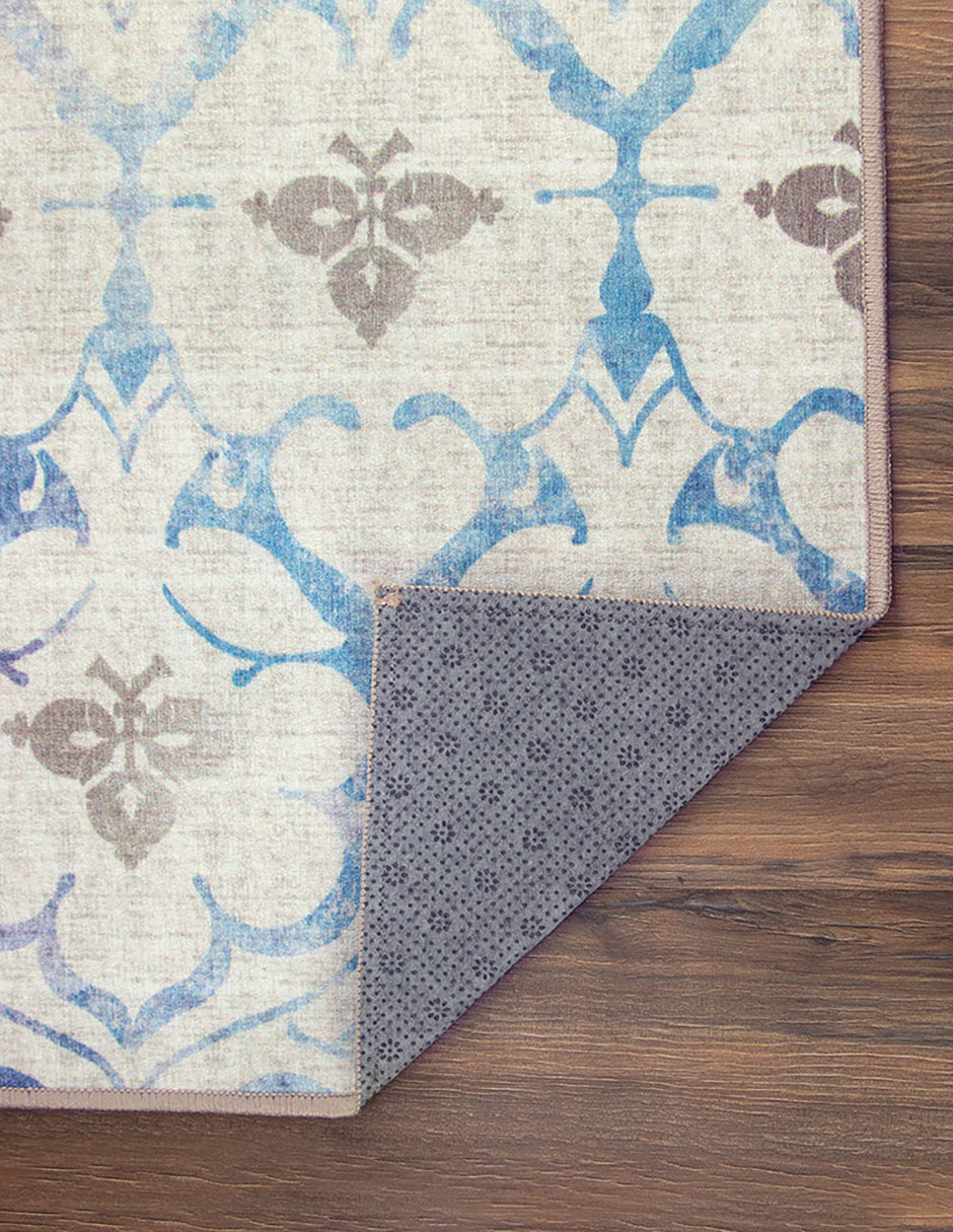 Tapete Alfombra Decorativo Lavable Leilani Damasco Beige Azul - Fine Art Tj