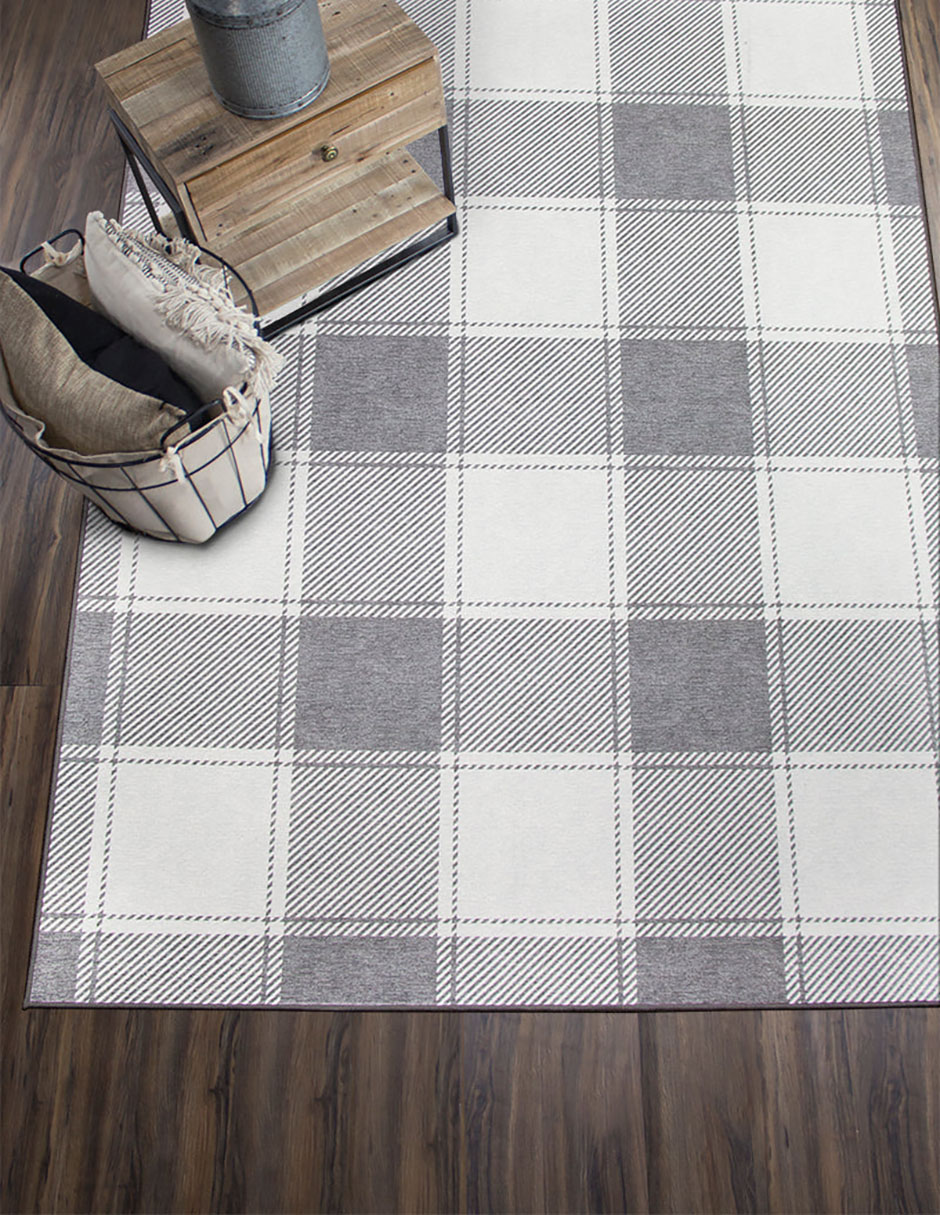 Tapete Alfombra Decorativo Lavable Cuadros Escoceses Gris y Blanco - Fine Art Tj