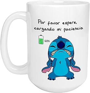  Taza Stitch espere cargando nivel de paciencia, error | Frase meme | Taza grande | Cerámica Blanca 15 oz | Para Café o té