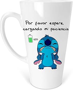  Taza Conica Stitch cargando nivel de paciencia - error | Frase Meme divertida | Cerámica Blanca 500 ml | Para Café o té
