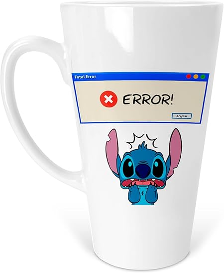  Taza Conica Stitch cargando nivel de paciencia - error | Frase Meme divertida | Cerámica Blanca 500 ml | Para Café o té