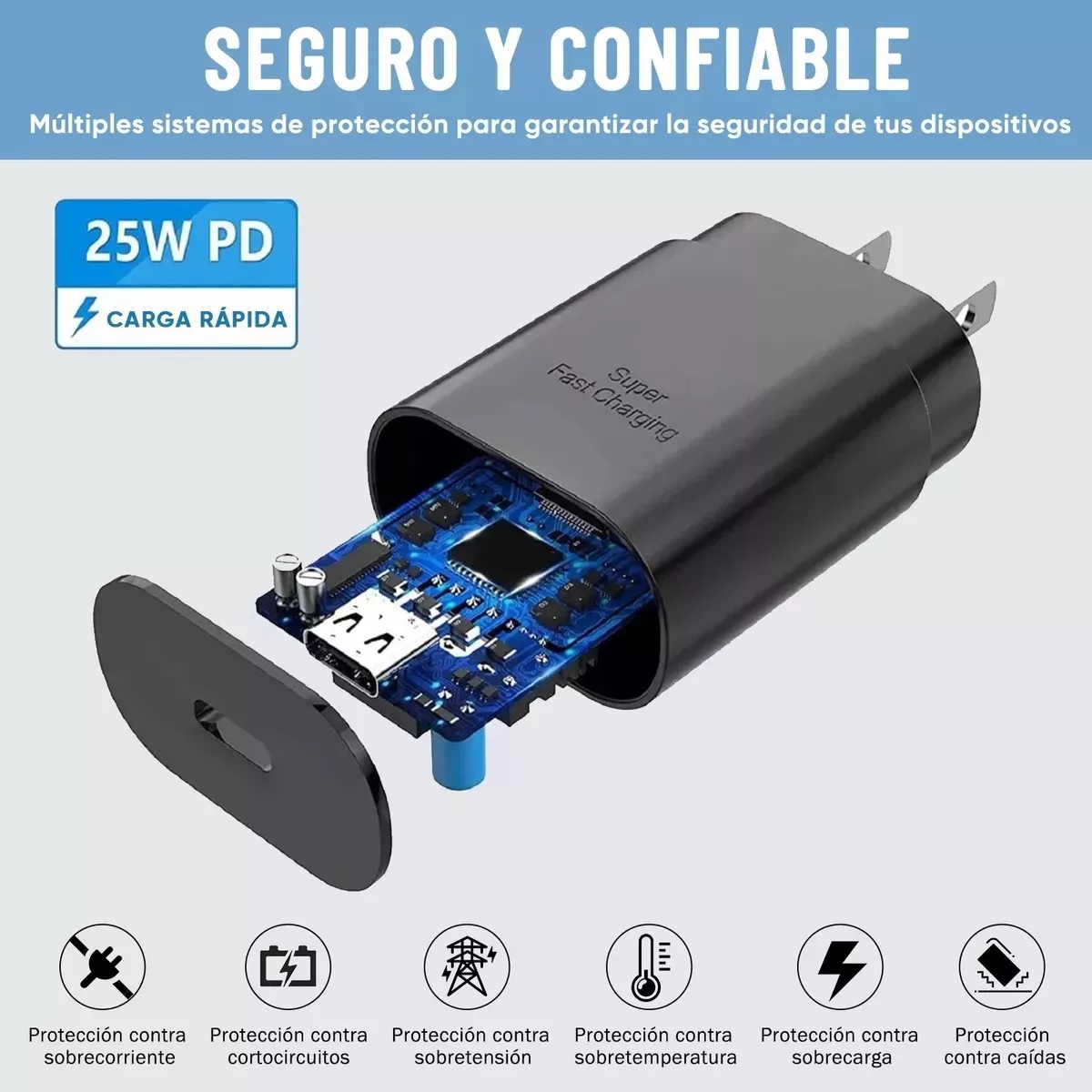 Cargador Rápido Tipo C 25W Negro con Cable Compatible con Samsung