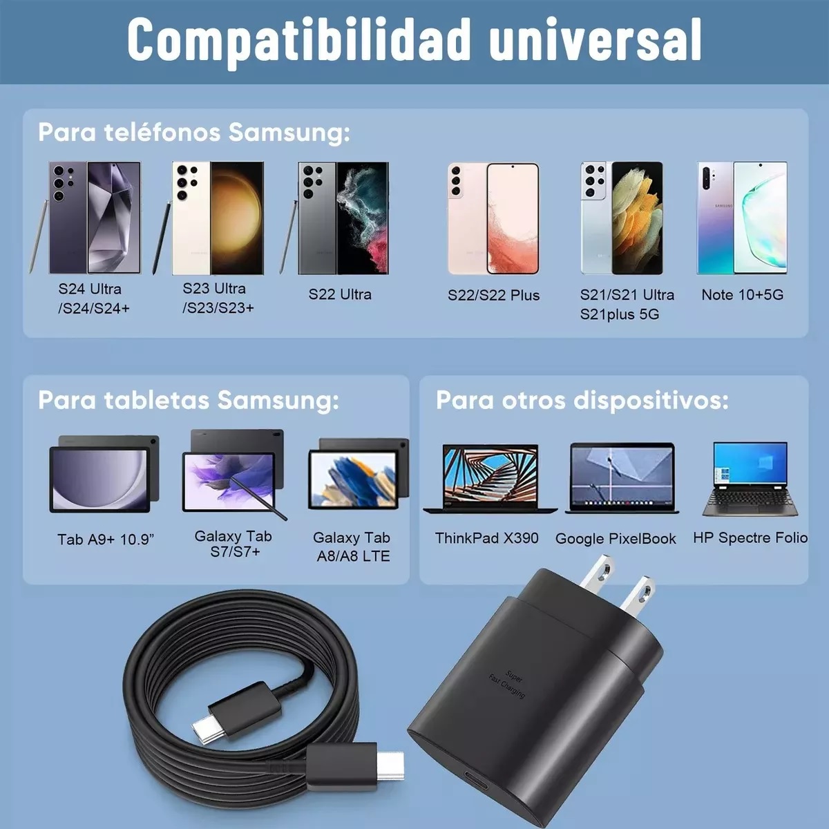 Cargador Rápido Tipo C 25W Negro con Cable Compatible con Samsung