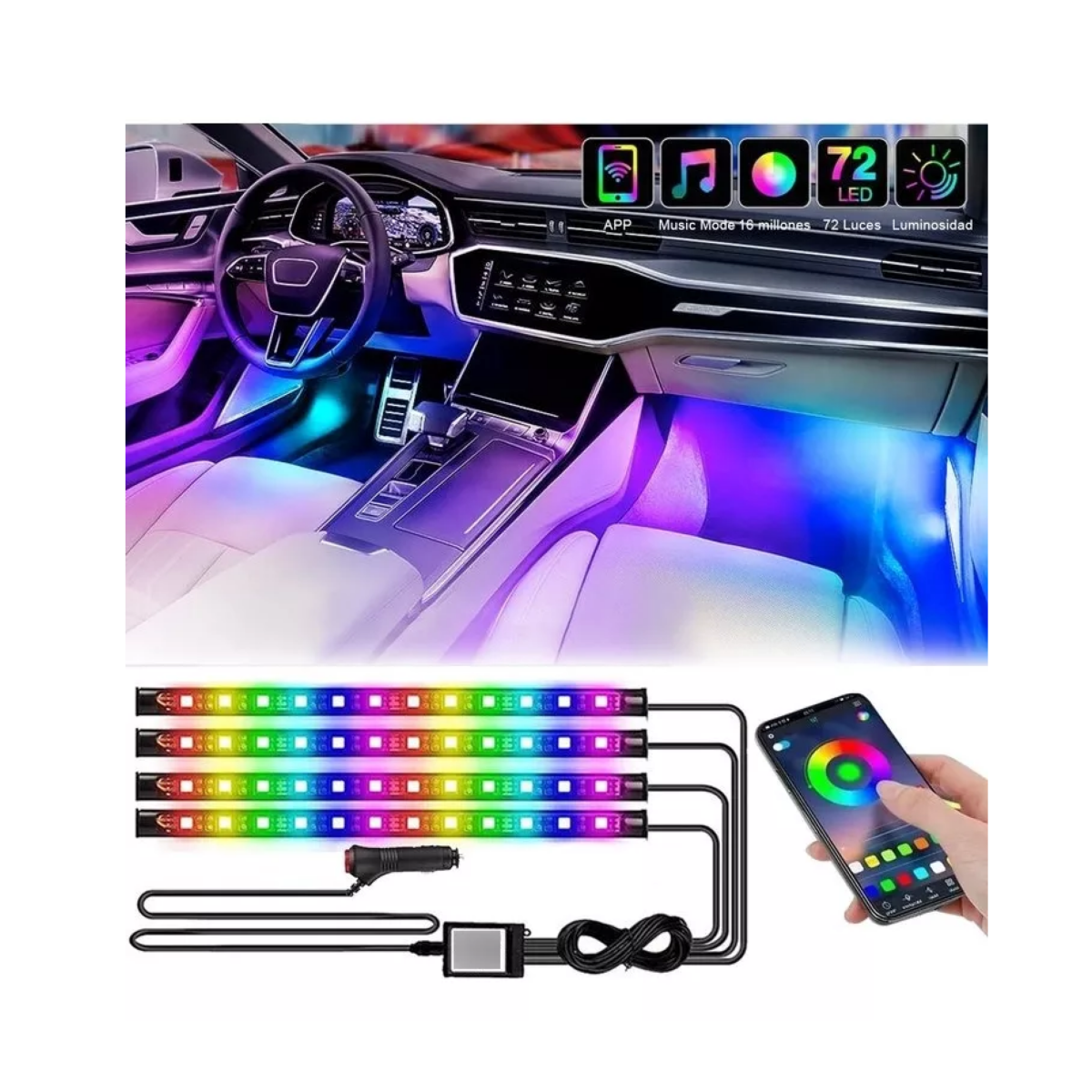 Tiras 72 Luces Led Para Auto Barra De Luz Rgb Interior App