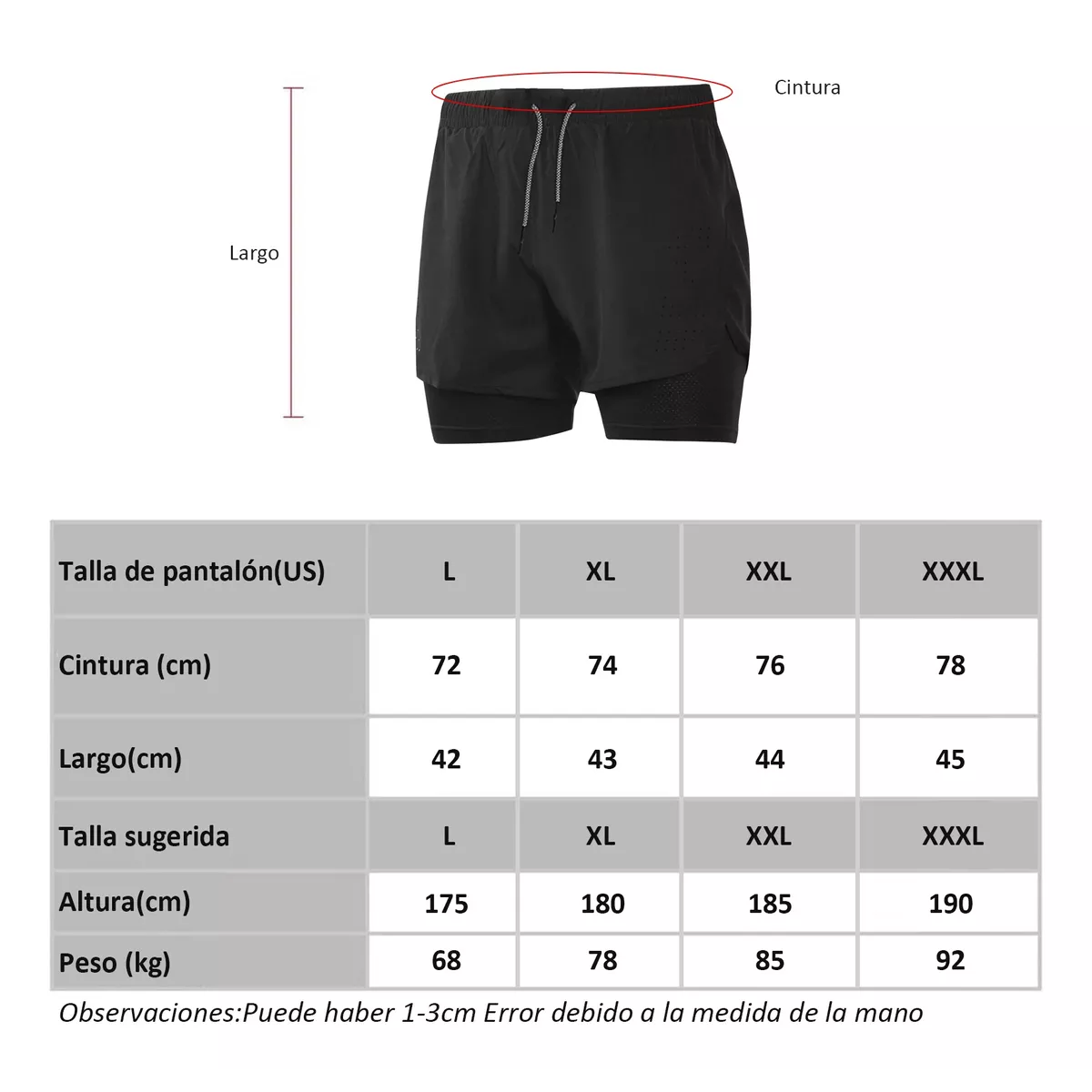 Short Con Licra Deportiva 2 En 1 Hombre Gimnasio 3pcs Negro Azul Gris XXXL