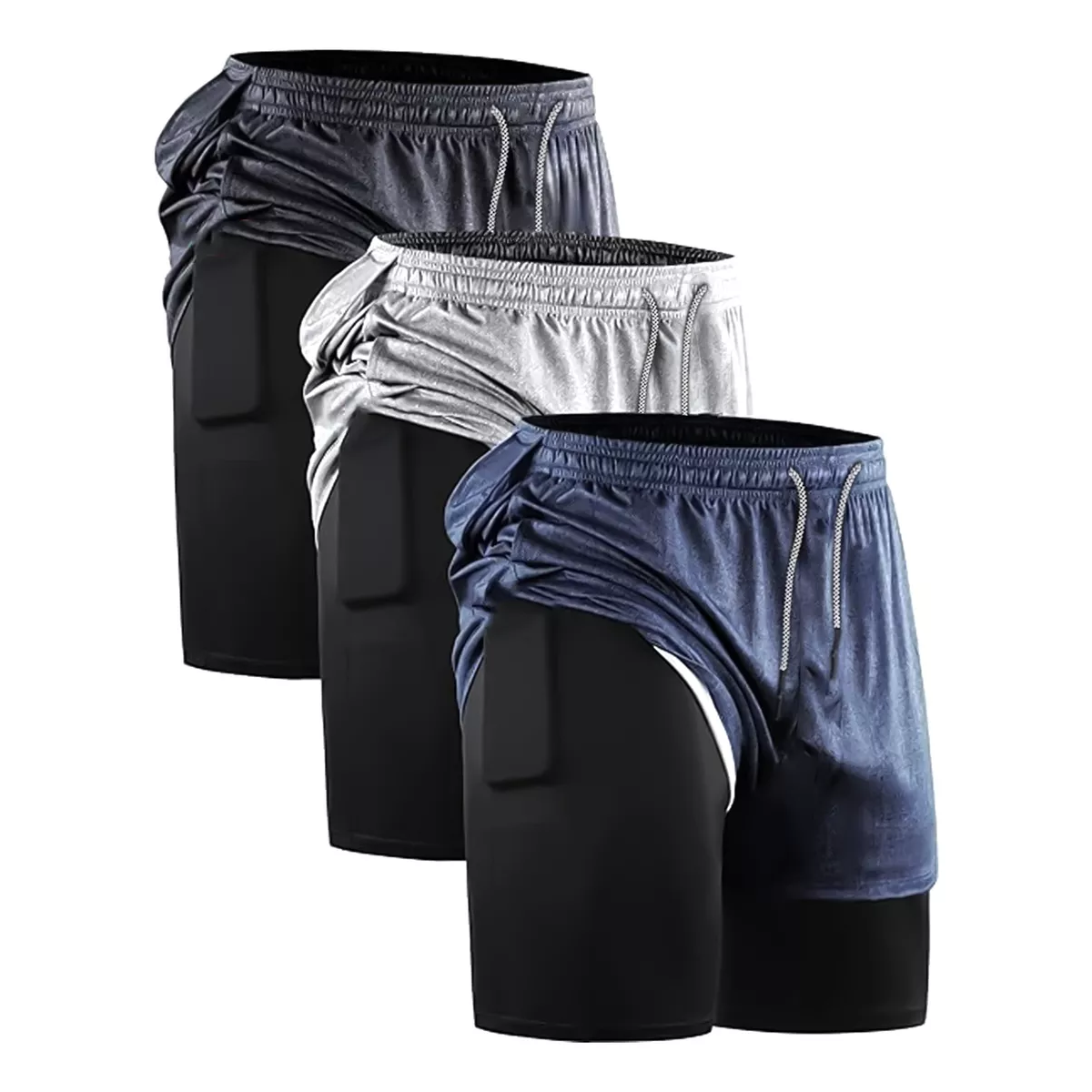 Short Con Licra Deportiva 2 En 1 Hombre Gimnasio 3pcs Negro Azul Gris XXXL