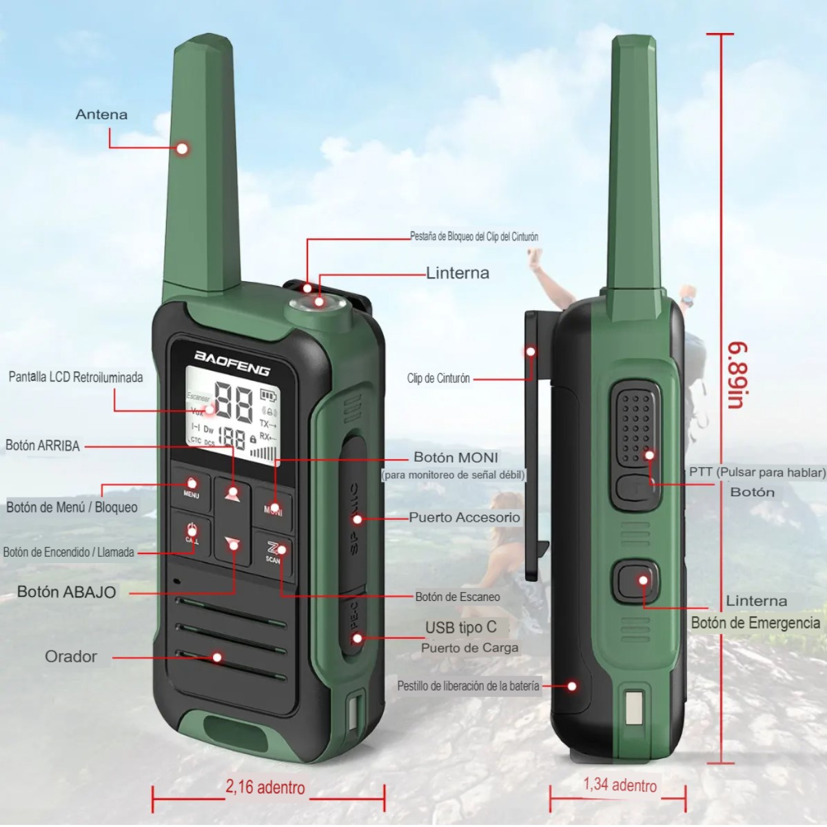 Walkie talkie Radio verde bidireccional carga tipo C de largo alcance recargable viaje Camping.
