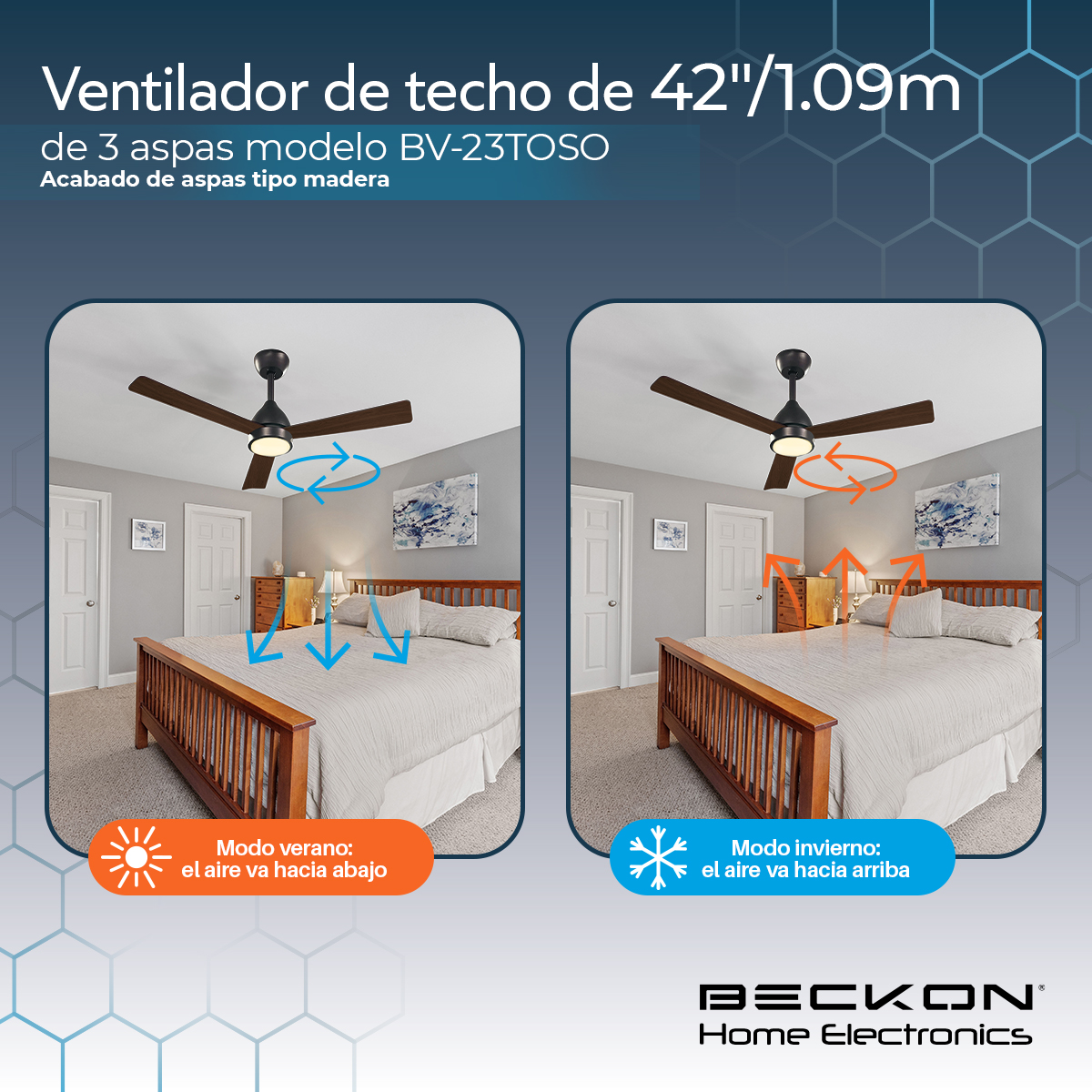 Ventilador de techo Moderno de 42” - 1.09m silencioso de 6 velocidades, Color café 3 aspas de acabado tipo madera con control remoto