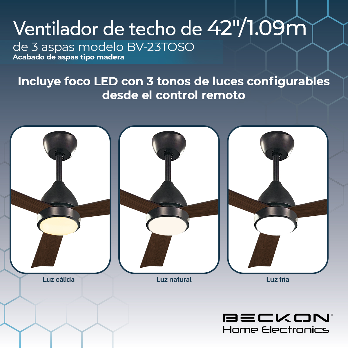 Ventilador de techo Moderno de 42” - 1.09m silencioso de 6 velocidades, Color café 3 aspas de acabado tipo madera con control remoto