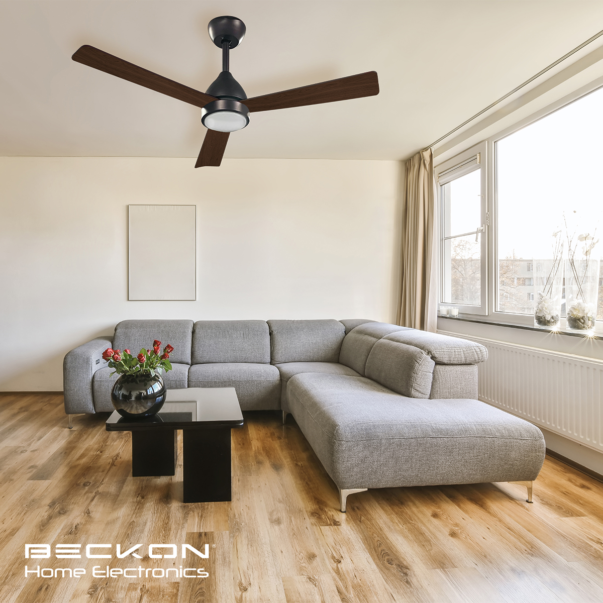 Ventilador de techo Moderno de 42” - 1.09m silencioso de 6 velocidades, Color café 3 aspas de acabado tipo madera con control remoto