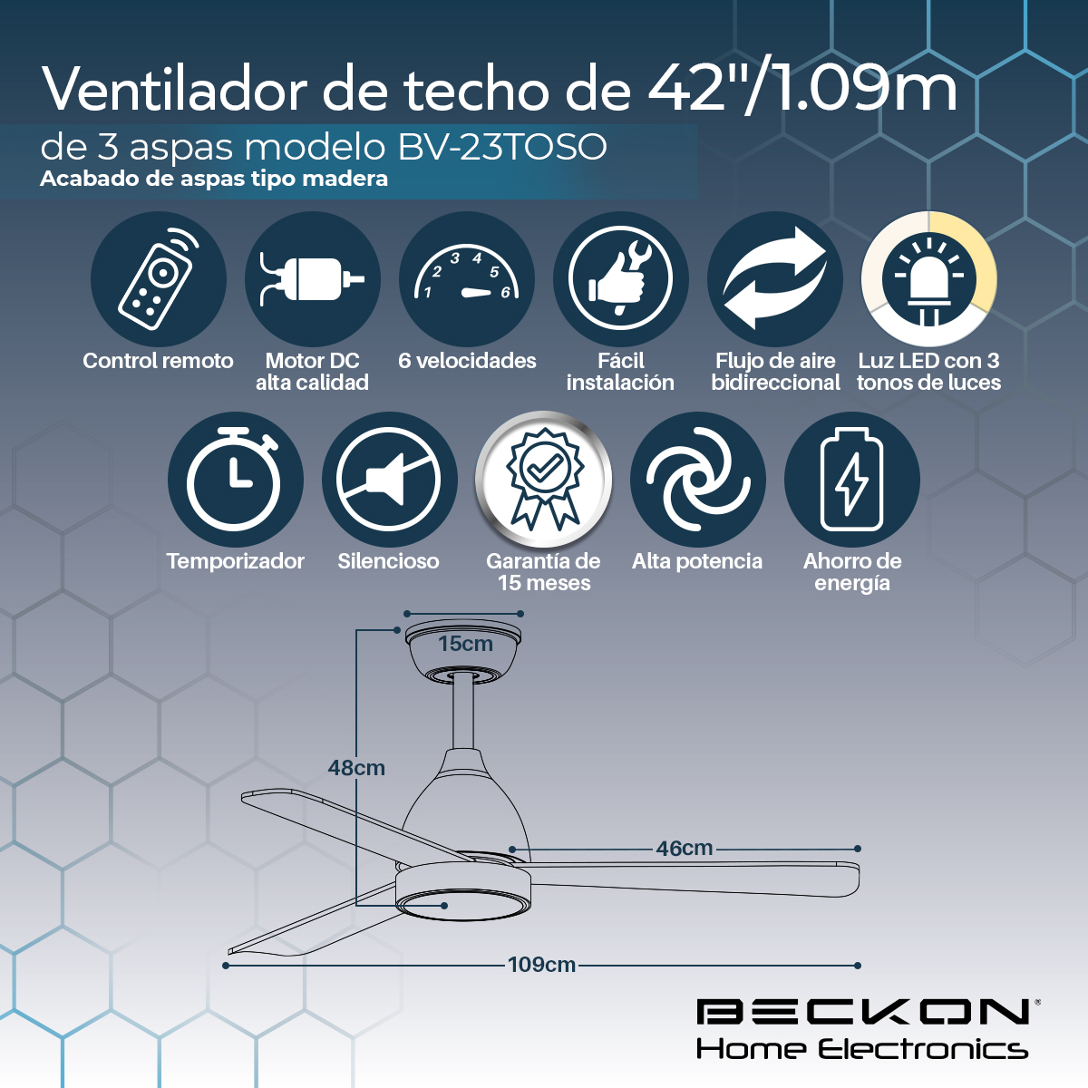 Ventilador de techo Moderno de 42” - 1.09m silencioso de 6 velocidades, Color café 3 aspas de acabado tipo madera con control remoto