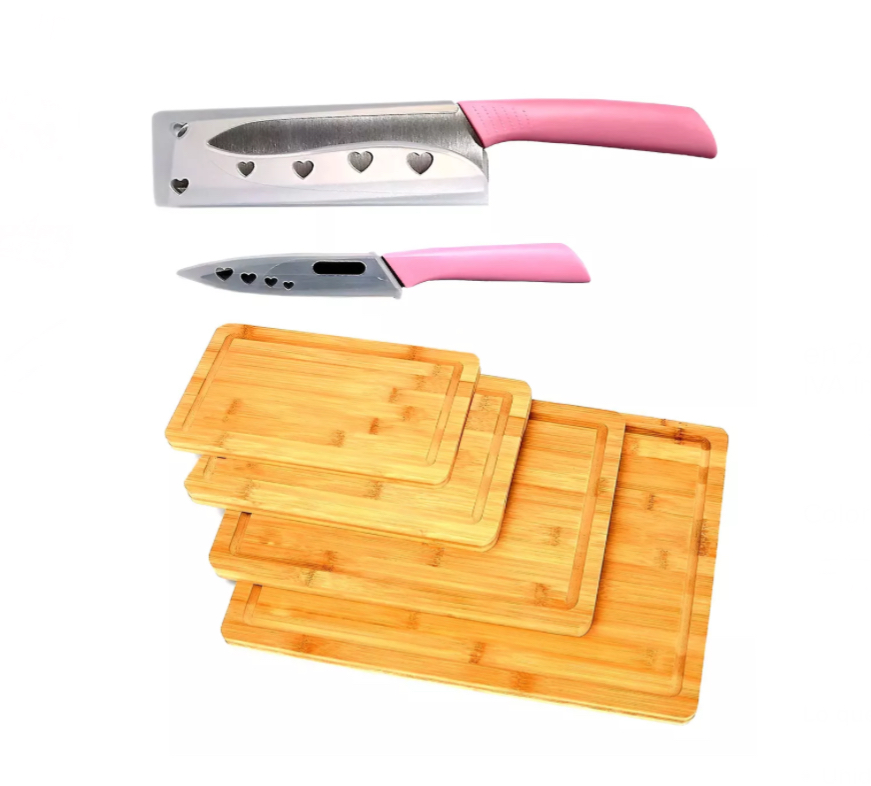Juego De 4 Tablas Para Picar De Bambu Con 2 Cuchillos Chef Color Madera Natural
