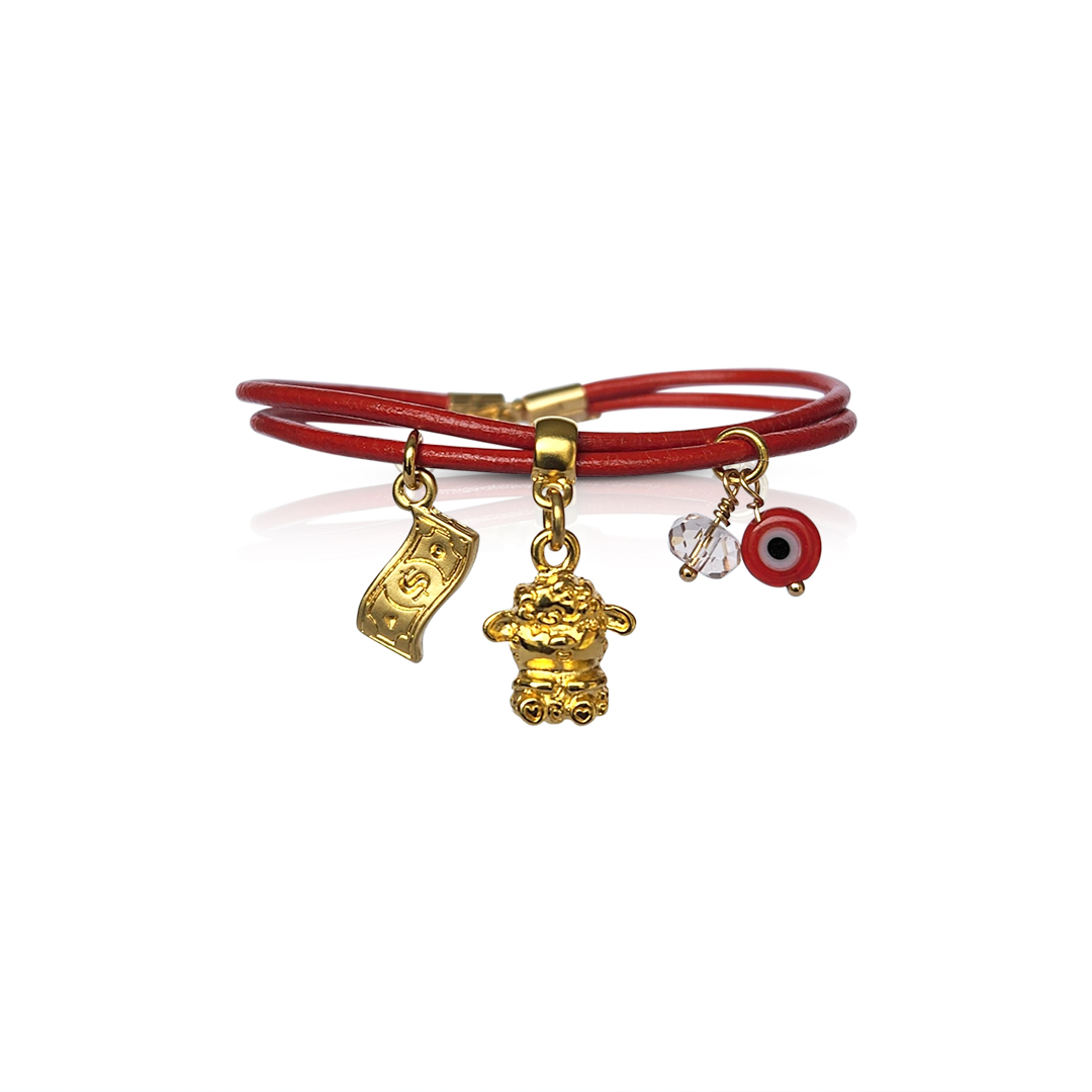 Borrego de la Abundancia Pulsera Cuero Roja Chapa de Oro, Buena Fortuna